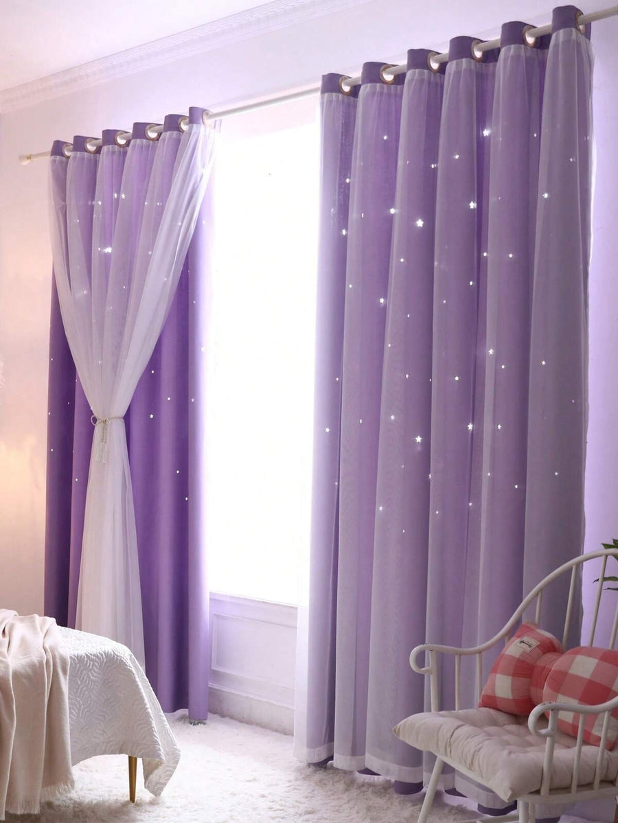 1pc/2pcs Hollow Star Curtains, Double-Layer Blackout Curtains, Suitable For Bedroom Darkening, Thermal Insulation, Lace Curtains Romantic Princess UV Protection