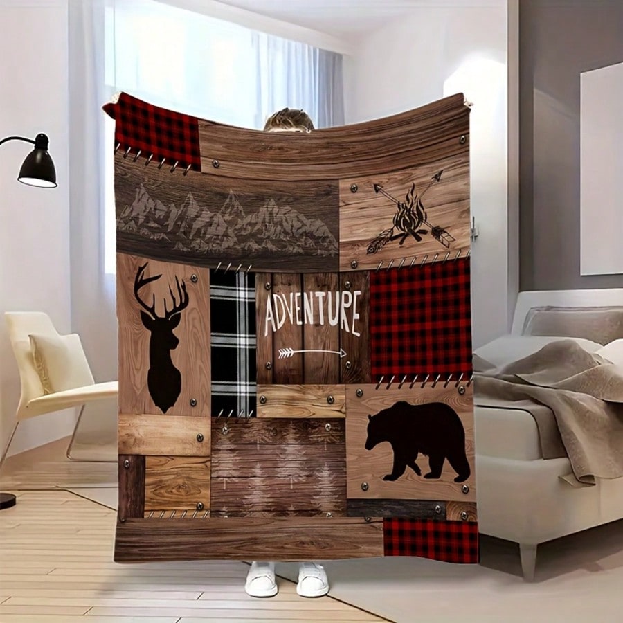 Retro Forest Ber Deer Ptchwork Pttern Flnnel Blnkets Towel Soft Comfortble Throws Blnkets Birthdy Gifts Fmily Holidy Dily Couple Prty Nniversry Wedding Souvenir Hlloween Christms Grdution Seson Thnksgiving Bed Sofa
