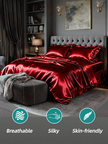 3 Pices Satin Fitted Sheet Set (1 * Fitted Sheet+2 * Pillowcase) – Smooth, Breathable, And Wrinkle-Resistant, Machine Washable For Easy Care, Comfort Bedding Suitable For Adults, Hotels, Apartments, & Home Use