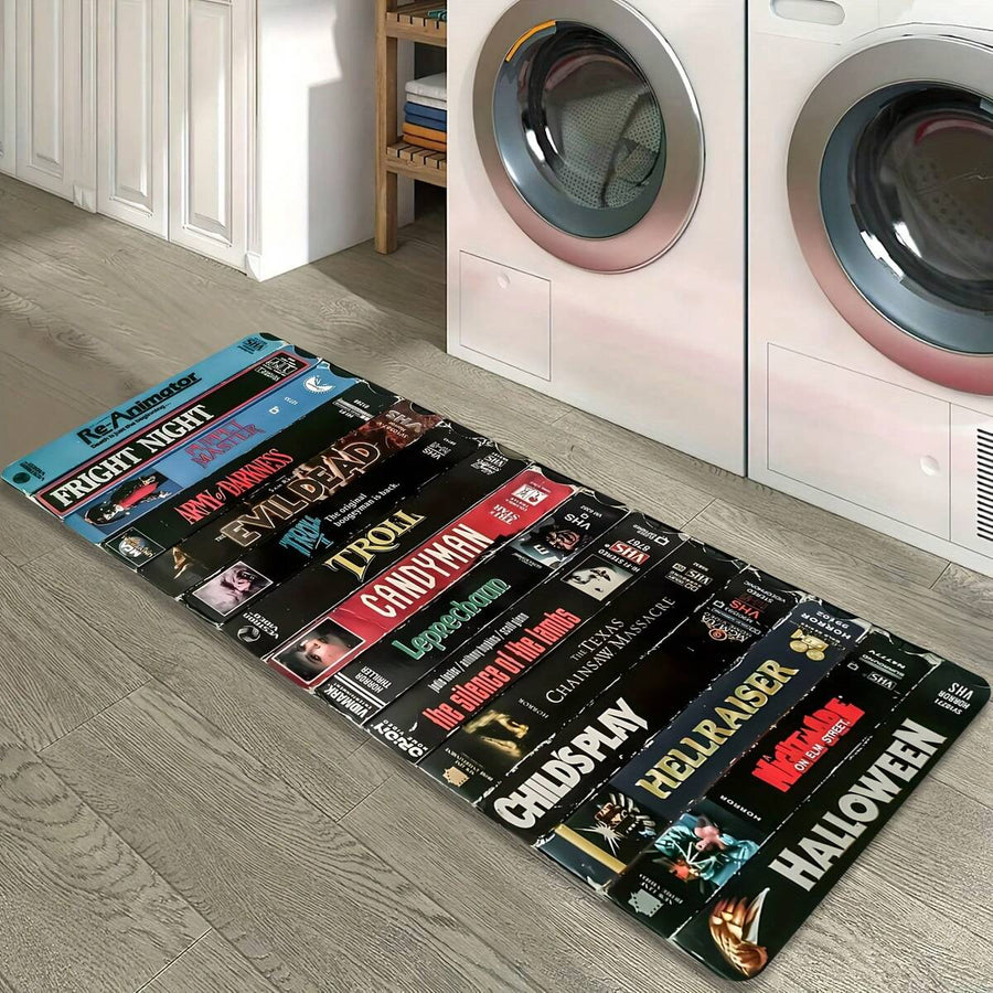 1pc Horror Movie Theme With Iconic Film Titles (Poltergeist, Shining, Halloween) - Non-Slip Backing, Washable Polyester Home Theater, Game Room & Living Room - Vintage VHS-Inspired Design, Fade-Resistant Horror Decor VBCE